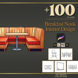 Könnte beinhalten: Eine digitale Illustration einer Frühstücksecke aus Holz mit roten Polstern und einem zentralen Tisch. Der Text lautet +100 STAMPS Breakfast Nook Interior Design, mit Symbolen für Procreate, Photoshop und fünf kleinen Strichzeichnungen als Vorschaubilder.
