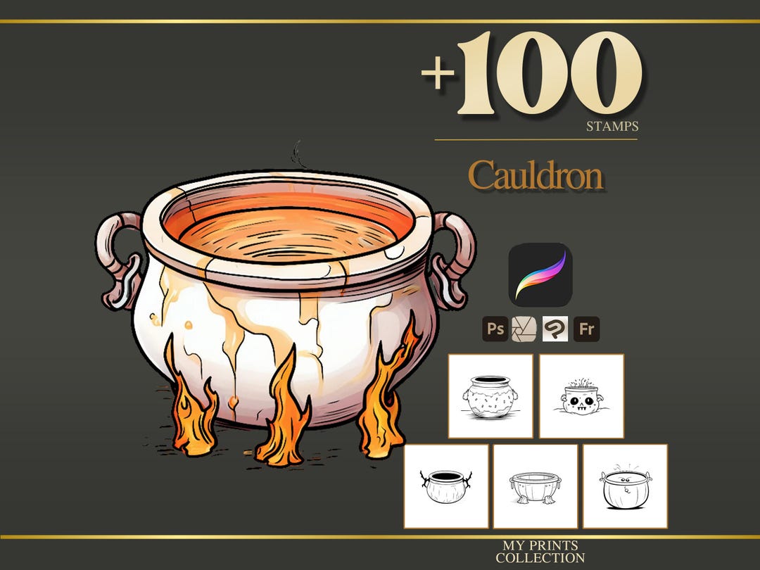 Cauldron Halloween Procreate Stamps & Photoshop Brushes – 100+ Tattoo ...