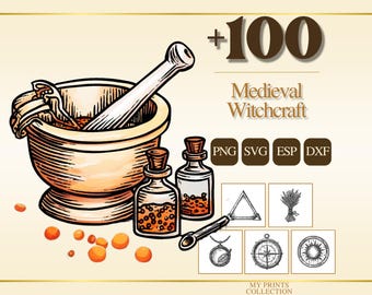 Witchcraft Medieval PNG Bundle – 100+ Woodcut Cricut & Silhouette Files, SVG, DXF, Eps – Line Art, Stencil, Digital Craft