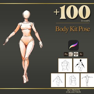 May include: A digital art product featuring a watercolor illustration of a human figure in a dynamic pose. The image includes the text "+100 STAMPS Body Kit Pose" and icons for Procreate, Photoshop, and other software.
