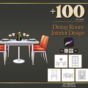 Könnte beinhalten: Eine digitale Illustration eines Esszimmermöbel-Sets mit vier orangefarbenen Stühlen und einem weißen Tisch mit Tellern und Weingläsern. Der Text lautet +100 STAMPS Dining Room Interior Design, ergänzt durch Software-Symbole und fünf kleine Strichzeichnungen von Möbeln.