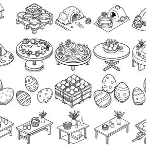 May include: A monochrome illustration depicting Easter-related items. The image includes decorated eggs, tables with floral displays, a birdhouse, and a wheelbarrow filled with eggs. Also shown are cave-like structures and wooden crates.