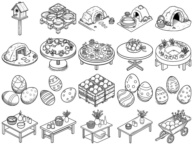 May include: A monochrome illustration depicting Easter-related items. The image includes decorated eggs, tables with floral displays, a birdhouse, and a wheelbarrow filled with eggs. Also shown are cave-like structures and wooden crates.