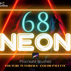 Op de afbeelding: Een digitale kunstafbeelding met het woord "NEON" in een helder, omlijnd lettertype, met het nummer "68" erboven. De afbeelding bevat ook de tekst "Procreate Brushes", "YOUTUBE TUTORIALS" en "COLOR PALETTE". De achtergrond heeft een neon gloed.