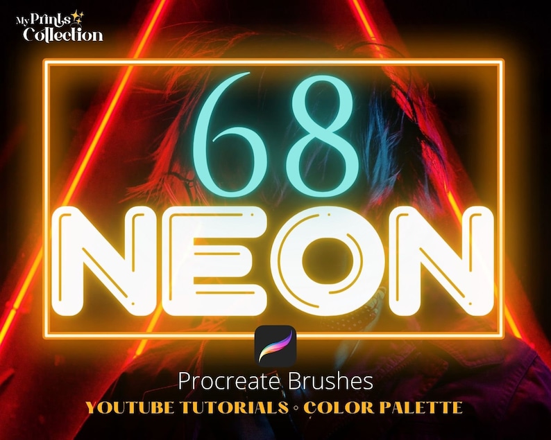 68 Neon Procreate Brush Set, Neon Effect Lettering Illustration, Light Glow Shimmer Wall Cyberpunk Effect, Digital Neon Sign, Video Tutorial 