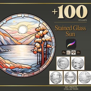 Stained Glass Sunset Procreate Stamps & Photoshop Brushes – 100+ Place House Landscape Magical Whimsical Tattoo, Illustration, Brush Pack