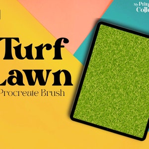 May include: A digital illustration of a green lawn texture on a tablet screen. The text "Turf Lawn Procreate Brush" is displayed on a yellow background.