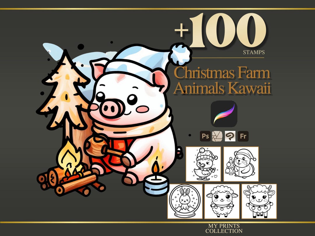 Farm Animals Kawaii Christmas Procreate Stamps & Photoshop Brushes ...