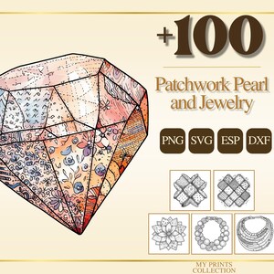 Könnte beinhalten: Eine farbenfrohe, gemusterte Diamantenillustration mit dem Text "+100 Patchwork Pearl and Jewelry". Darunter Symbole für PNG-, SVG-, ESP- und DXF-Dateiformate sowie Schmuckdesignbeispiele.