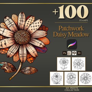 Könnte beinhalten: Digitale Illustration einer Patchwork-Gänseblümchen mit braunem Zentrum und orangefarbenen, roten und beigen Blütenblättern. Das Bild enthält den Text "+100 STAMPS" und "Patchwork Daisy Meadow". Icons für Procreate, Photoshop und andere Software.