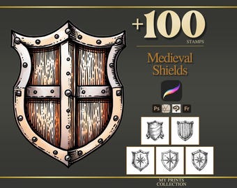 Shields Medieval Procreate Stamps & Photoshop Brushes – 100+ Woodcut Tattoo, Digital Art, Clipart, Line Art, Brush Pack