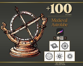 Astrolabe Medieval Procreate Stamps & Photoshop Brushes – 100+ Woodcut Tattoo, Digital Art, Clipart, Line Art, Brush Pack