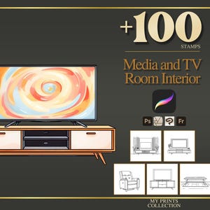May include: A digital collection of 100 stamps featuring media and TV room interior designs. The image displays a television on a wooden console, alongside icons for software compatibility and five small square panels showing line art illustrations.