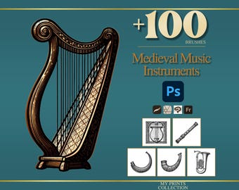 Music Instruments Medieval Photoshop Brushes & Procreate Stamps – 100+ Woodcut Tattoo, Digital Art, Clipart, Line Art, Stencil