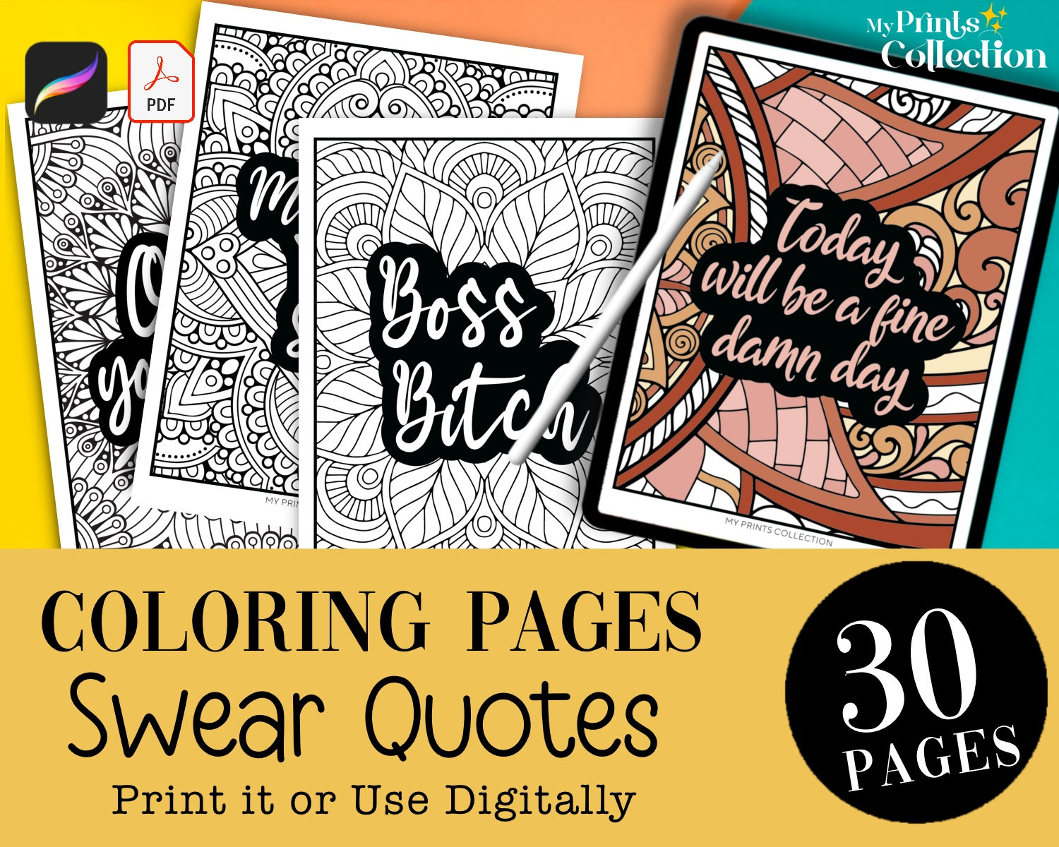 Libro de colorear de frases con palabrotas para adultos | 30 páginas imprimibles + archivos de Procreate | Descarga digital con pinceles de crayón