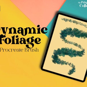 May include: A digital illustration of a Procreate brush called "Dynamic Foliage" on a tablet screen. The brush creates a green, leafy, flowing design on a yellow background.