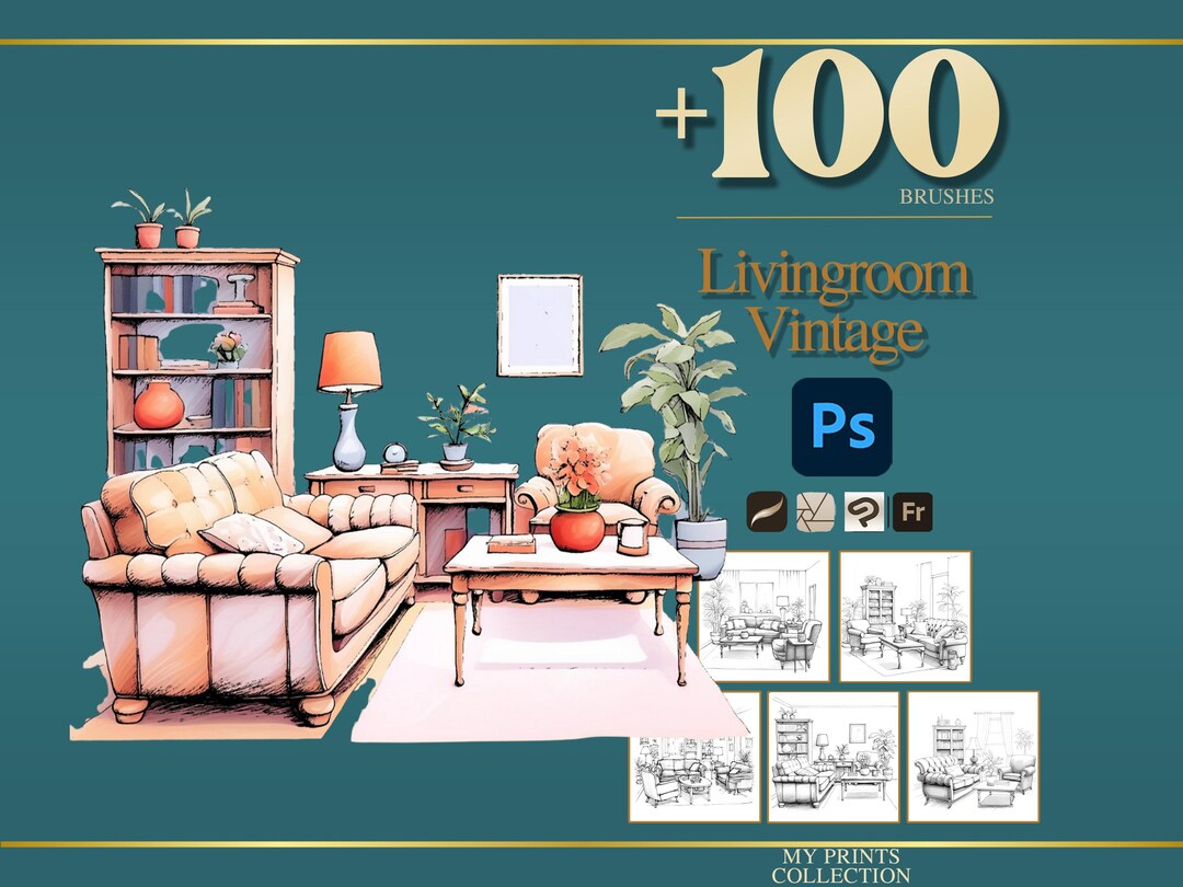 Livingroom Vintage Photoshop Brushes & Procreate Stamps – 100+ Interior ...