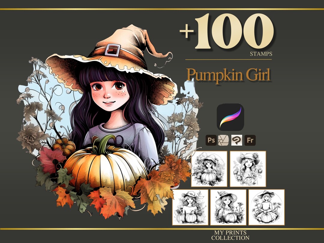 Pumpkin Girl Halloween Procreate Stamps & Photoshop Brushes – 100 ...