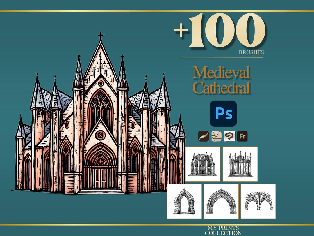 Cathedral Medieval Photoshop Brushes & Procreate Stamps – 100+ Woodcut ...