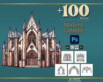 Cathedral Medieval Photoshop Brushes & Procreate Stamps – 100+ Woodcut Tattoo, Digital Art, Clipart, Line Art, Stencil