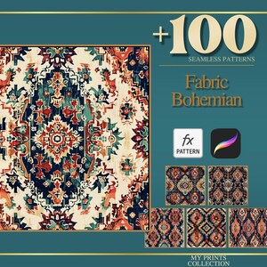 Puede incluir: Impresión digital con un detallado patrón bohemio sin costuras en tonos crema, azul marino, verde azulado y óxido. La imagen incluye el texto "+100 SEAMLESS PATTERNS" y "Fabric Bohemian". Se muestran ejemplos de patrones adicionales.