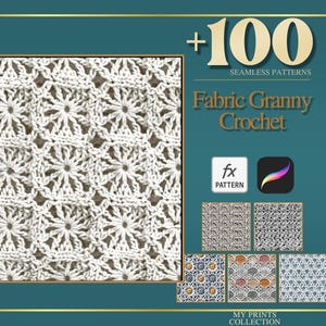 Könnte beinhalten: Ein digitales Produkt mit einem weißen Stoff-Oma-Häkelmuster. Das Bild zeigt eine Nahaufnahme des Häkeldesigns mit einem türkisfarbenen Hintergrund und dem Text "+100 Seamless Patterns" und "Fabric Granny Crochet". Zusätzliche Musterbeispiele werden gezeigt.