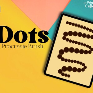 May include: A digital illustration of a Procreate brush called "Dots" on a tablet screen. The brush creates a series of brown dots in a wavy line pattern.
