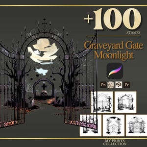 Graveyard Gate Moonlight Halloween Procreate Stamps & Photoshop Brushes – 100+ Tattoo, Drawing, Digital Art, Clipart, Line Art, Brush Pack
