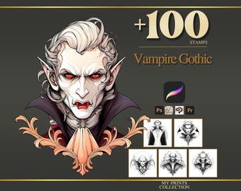 Tampons Halloween vampire gothique Procreate et pinceaux Photoshop - Plus de 100 tatouages, dessins, art numérique, cliparts, dessins au trait, paquet de pinceaux