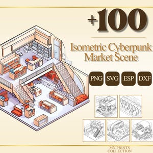Pode incluir: Ilustração isométrica de uma cena de mercado cyberpunk com vários níveis, escadas e vários layouts de lojas. A imagem inclui o texto "+100 Isometric Cyberpunk Market Scene" e ícones de tipo de arquivo.
