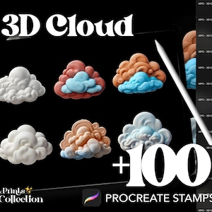 May include: A digital art product featuring six 3D cloud designs in various colors, including white, red, orange, and blue. The words "3D Cloud" and "+ 100 PROCREATE STAMPS" are displayed. A stylus and a Procreate app icon are also visible.