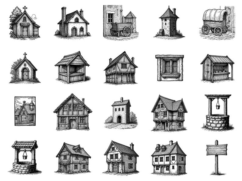 Village Medieval Photoshop Brushes & Procreate Stamps – 100+ Woodcut ...