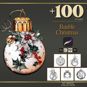 Bauble Christmas Procreate Stamps & Photoshop Brushes – 100+ Tattoo, Drawing, Digital Art, Clipart, Line Art, Brush Pack