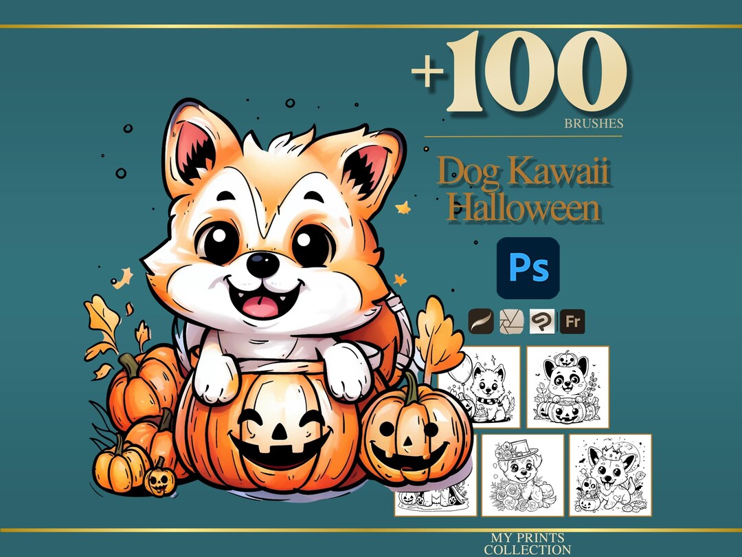 Dog Kawaii Halloween Photoshop Brushes & Procreate Stamps – 100+ Tattoo ...