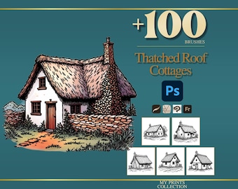 May include: A digital collection of over 100 Photoshop brushes featuring thatched roof cottages. The graphic displays a colored illustration of a cottage with a stone chimney and wall, alongside five black and white thumbnail examples of the designs.
