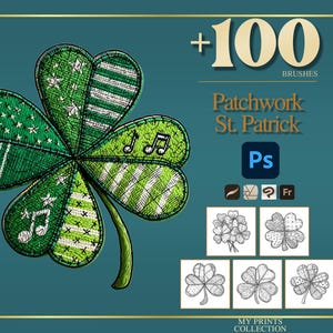 Könnte beinhalten: Digitale Illustration eines grünen Patchwork-Kleeblatts mit Noten. Das Bild enthält den Text "+100 BRUSHES" und "Patchwork St. Patrick" mit Symbolen und Beispielen für Kleeblattdesigns. Der Hintergrund ist türkis.