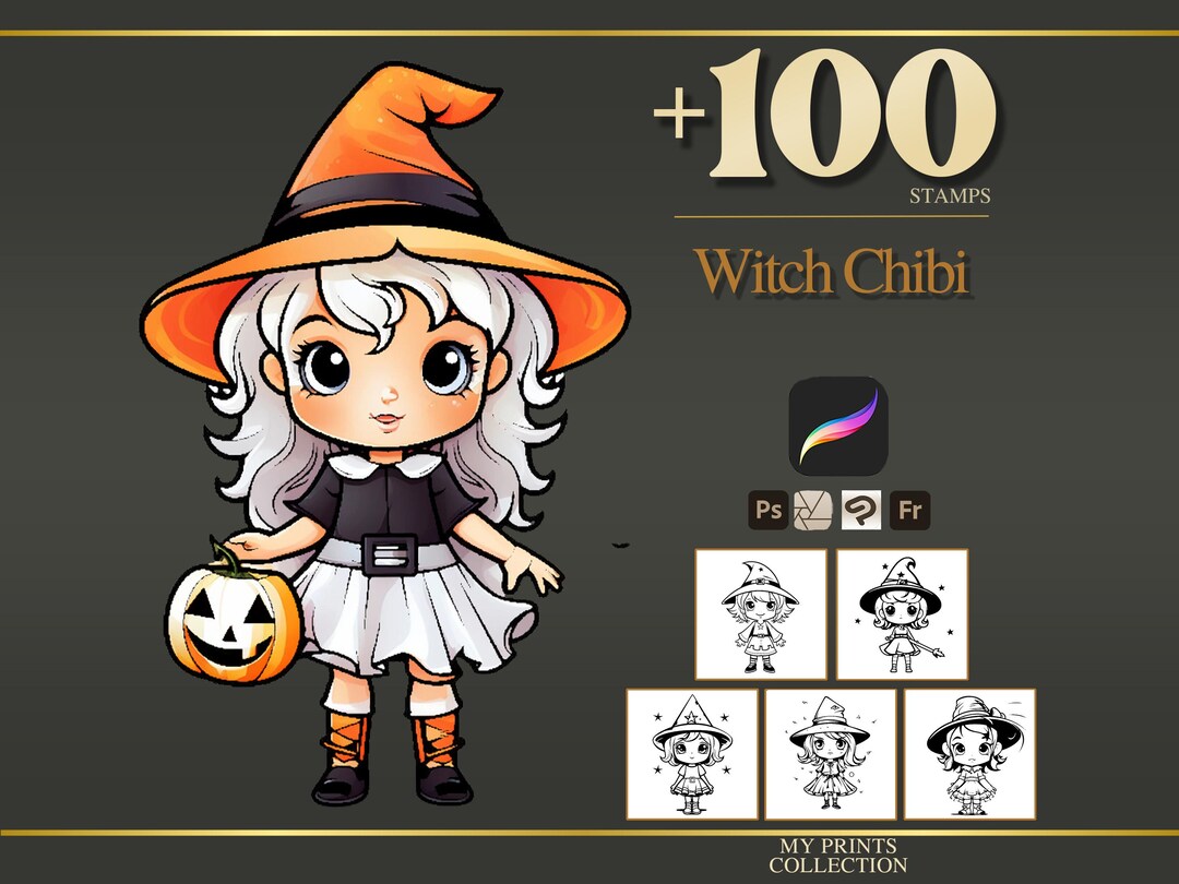 Witch Chibi Halloween Procreate Stamps & Photoshop Brushes – 100 ...