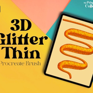 May include: A digital illustration of a 3D glitter brush for Procreate, shown as a thin, orange, glittery line on a tablet screen. The brush is called "3D Glitter Thin".