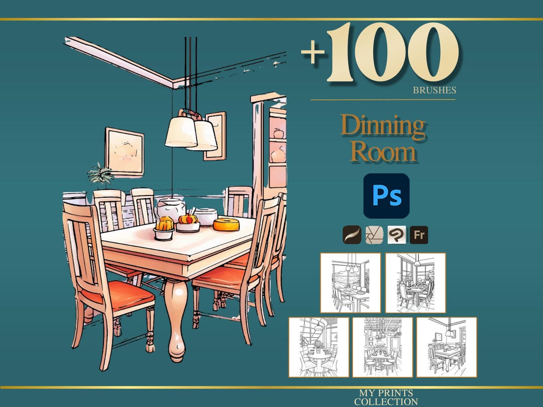 Dinning Room Photoshop Brushes & Procreate Stamps – 100+ Interior Room ...