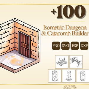 Puede incluir: Ilustración isométrica de un interior de mazmorra con una puerta de madera y muros de piedra. La imagen incluye el texto "+100 Isometric Dungeon & Catacomb Builder" e iconos de tipo de archivo.