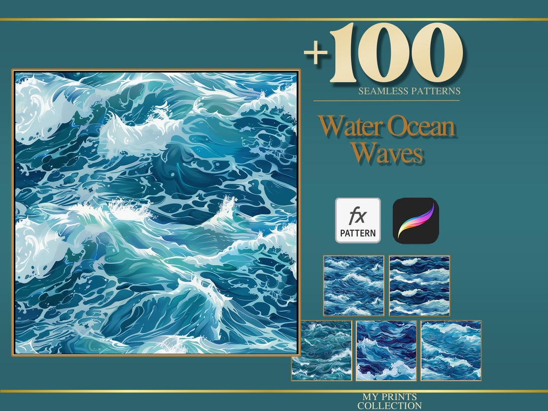 Ratchit Patwave Pattern Ocean Water Waves Photoshop PAT Pattern & Procreate Texture Brush, 100 ...
