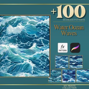 Pode incluir: Arte digital com ondas oceânicas detalhadas em tons de azul e branco. A imagem emoldurada inclui o texto "+100 SEAMLESS PATTERNS Water Ocean Waves". Exemplos de padrões adicionais são exibidos abaixo.