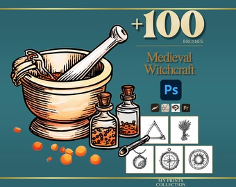 Witchcraft Medieval Photoshop Brushes & Procreate Stamps – 100+ Woodcut Tattoo, Digital Art, Clipart, Line Art, Stencil