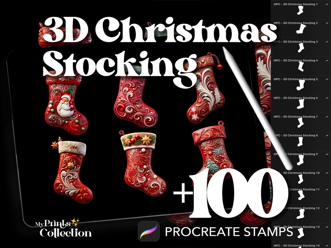 3D Christmas Stocking Dual Color Procreate Stamp Brushes - 100+ Stamps ...