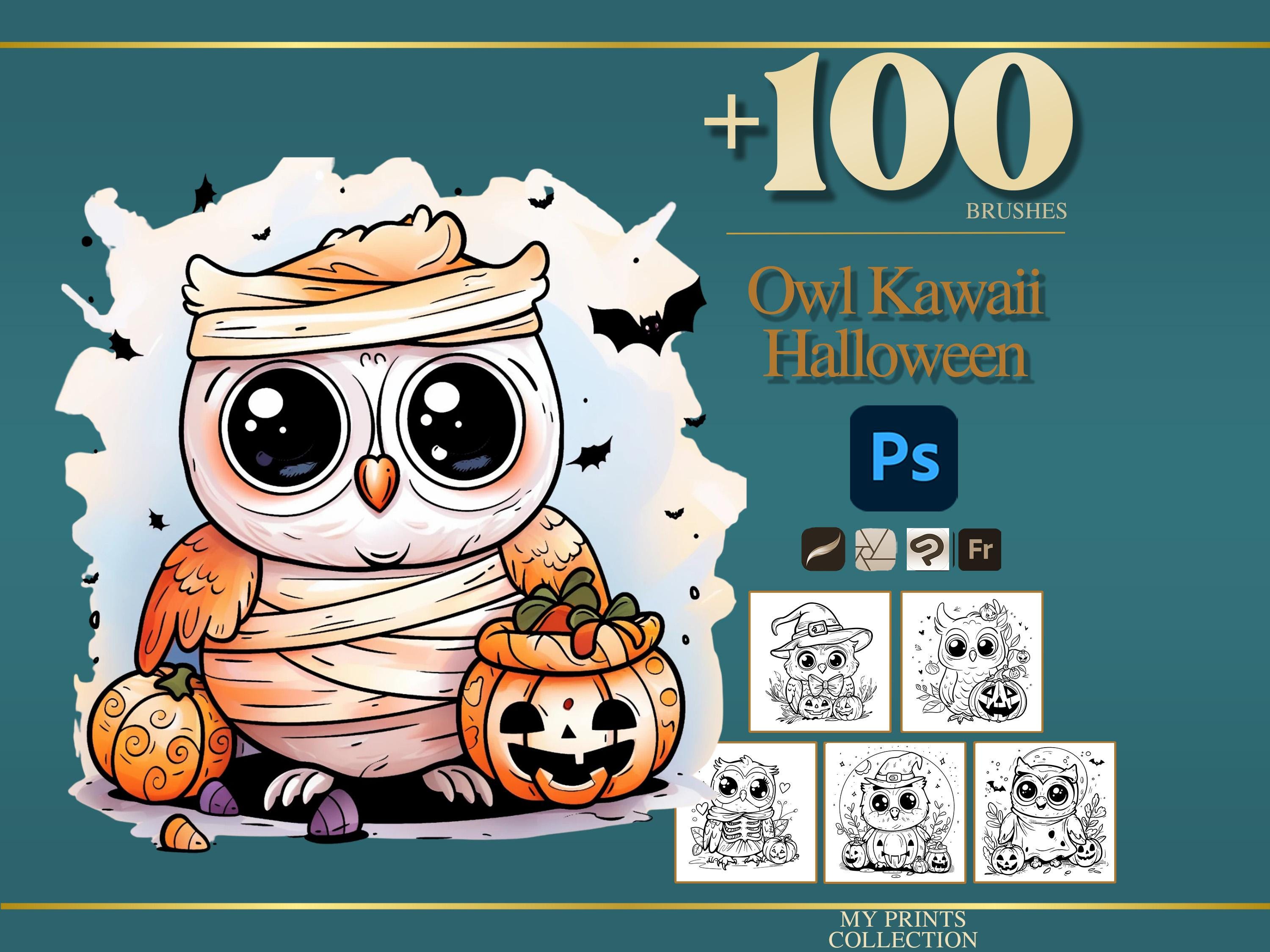 Owl Kawaii Halloween Photoshop Brushes & Procreate Stamps &ndash; 100+ Tattoo, Digital Art, Clip