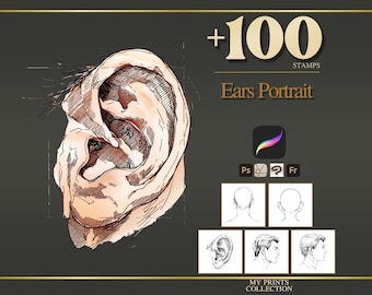 May include: A detailed sketch of a human ear, rendered in a drawing style, with visible lines and shading. The image features the text "+100 STAMPS Ears Portrait" and several small sketches of ears and heads.