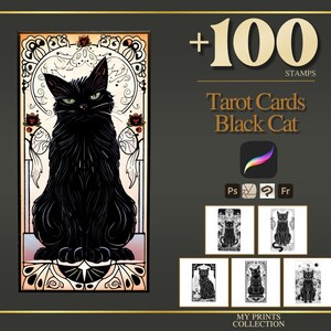 Tarot Cards Black Cat Halloween Procreate Stamps & Photoshop Brushes – 100+ Tattoo, Drawing, Digital Art, Clipart, Line Art, Brush Pack