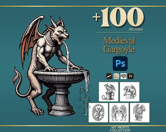 Gargoyle Medieval Photoshop Brushes & Procreate Stamps – 100+ Woodcut Tattoo, Digital Art, Clipart, Line Art, Stencil