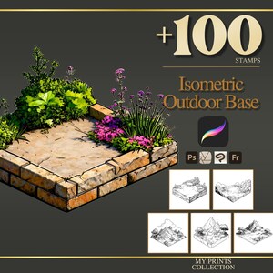 Puede incluir: Ilustración isométrica de una base exterior con un borde de ladrillos de piedra, un patio central de piedra y plantas verdes y moradas vibrantes. Incluye el texto "+100 STAMPS" y "Isometric Outdoor Base".