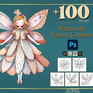 Könnte beinhalten: Illustration einer Fee mit Patchwork-Flügeln und -Kleid in Orange-, Rosa- und Blautönen. Das Bild enthält den Text "+100 BRUSHES" und "Patchwork Fantasy Creatures" mit zusätzlichen Symbolen und Beispielzeichnungen.